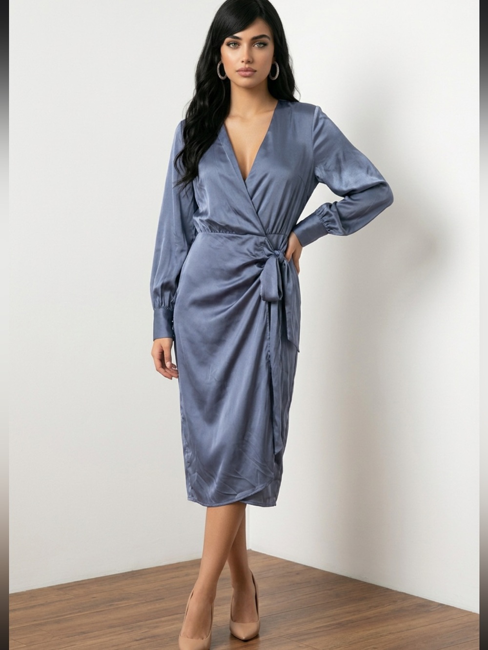 Never Fully Dressed Slate Blue Satin Dress